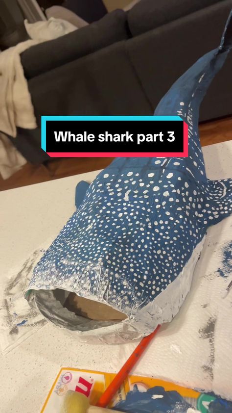 TikTok · Skyler 🌊 Whale Shark Paper Mache, Paper Mache Whale Shark, Cardboard Shark, Cardboard Art Sculpture, Shark Painting, Paper Mache Animals, Hammerhead Shark, Cardboard Art, Pet Rats