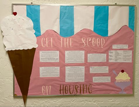 Ice-cream themed bulletin board for housing selection #bulletinboardideas #residential #college Get The Scoop Bulletin Board, Ice Cream Classroom Theme Bulletin Boards, Ice Cream Themed Bulletin Board, Residence Life Door Decs, Ice Cream Bulletin Board Ideas, Ice Cream Bulletin Board, Residence Life Bulletin Boards, Res Life Bulletin Boards, College Bulletin Boards