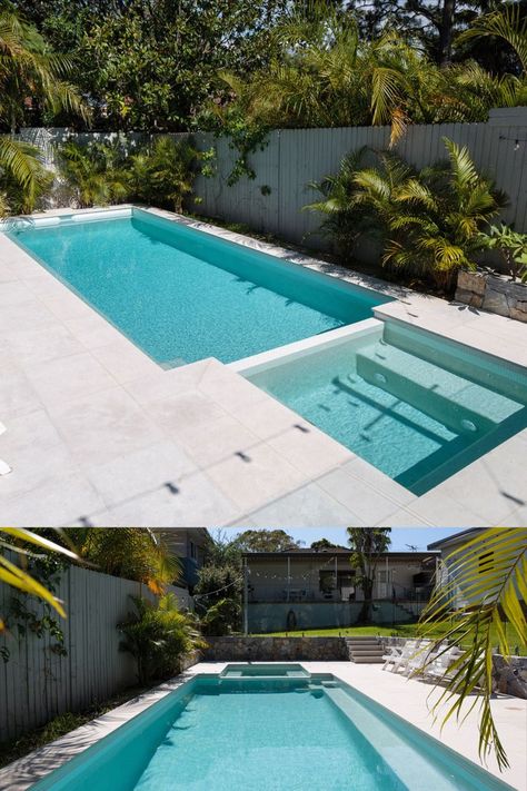 The perfect combination of white tiles and warm blue water creates a 'resort-style' feel in this backyard situated in Sydney's Northern Beaches. This multi-purpose, 🥇 award-winning pool features safety ledges and shallow water, making it suitable for kids and a lounge/ entertainment area created for adult enjoyment. If this stunning dream pool inspires you, then contact us on 📱 02 9875 4555 or 📩 sales@crystalpools.com.au and start making your dreams come true. Swimming Pool Designs Outdoor, Pool And Spa Design Backyards, Beach Style Pool, House Pools, Pool Architecture, Playground Kids, Tropical Landscape Design, Pool Features, Swimming Pool Architecture