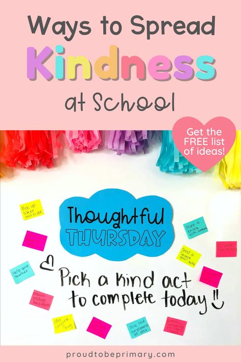 Encourage kids to perform random acts of kindness during a school challenge or all year with these ideas and strategies for a kinder classroom. Host a classroom kindness month or week at school for RAOK Day on February 17th. Intentional kindness lessons and activities, such as writing notes, roleplay, and games, help build a kinder school environment. Add kindness to your lesson plans and grab the free printable RAOK list for your kindergarten, first, second, third, and fourth grade classroom! Student Kindness Challenge, Random Acts Of Kindness Ideas For School Bulletin Board, Kindness Campaign School, Kindness Theme Classroom, Random Acts Of Kindness For Teachers, Kindness Day At School, Random Acts Of Kindness Week At School, Random Act Of Kindness Ideas For School, Kindness Week Activities Middle School