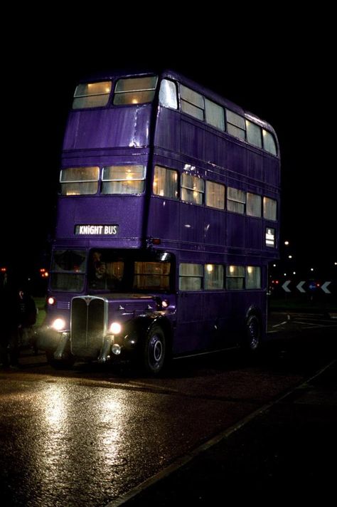 The Knight Bus is a triple-decker, purple bus that assists stranded individuals of the wizarding community through public transportation. The Knight Bus Harry Potter, Harry Potter Purple Aesthetic, Night Bus Harry Potter, Harry Potter Bus, Knight Bus Harry Potter, Purple Knight, Harry Potter Knight Bus, The Knight Bus, Knight Bus