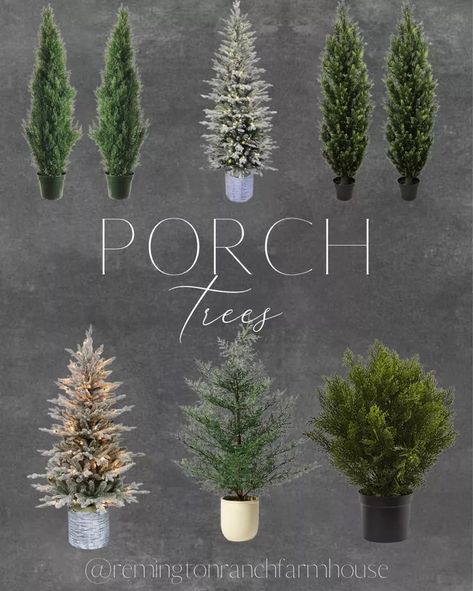 Potted Cypress Tree, Christmas Trees Front Porch, Front Porch Christmas Tree Ideas, Porch Trees Christmas, Front Porch Christmas Trees, Front Porch Trees, Christmas Tree On Front Porch, Long Porch Decorating Ideas, Front Porch Winter Decor Ideas