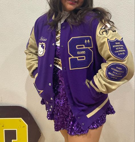 Letterman Jacket Cheerleader, Highschool Varsity Jacket, Highschool Letterman Jacket, Letterman Aesthetic, Letterman Jacket Aesthetic, Varsity Jacket High School, Highschool Jacket, Matric Jackets, Colorguard Aesthetic