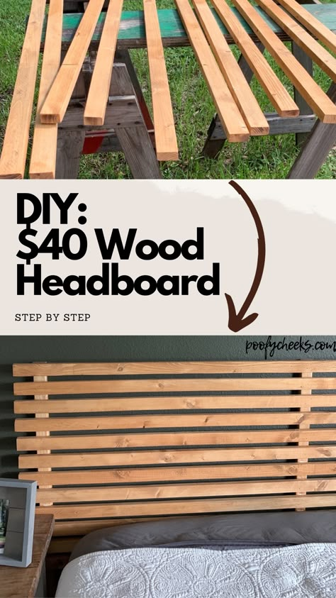 Wood Slat Headboard Bedroom, Slate Wood Headboard Diy, Homemade Queen Headboard, Simple Wood Headboard Diy, Full Bed Headboard Diy, Easy Diy Queen Headboard, Slatted Headboard With Shelves, Diy Simple Headboard Ideas, Wood Bed Frame With Headboard