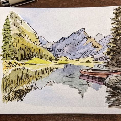 Black Pen And Watercolor Art, Watercolor Black Pen Art, Ink Drawing Watercolor, Impressionist Art Watercolor, Watercolor And Pen Drawing, Pen Drawing With Watercolor, Drawing A Landscape, Watercolor Landscape Illustration, Ink And Wash Landscape