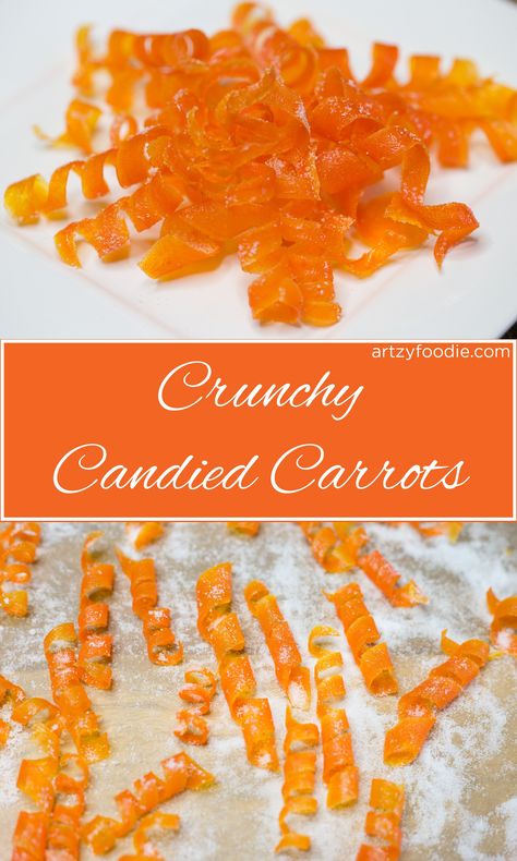 Candied carrots are as much fun to make as they are to eat! These super cute candied carrot curls have been boiled in sugar water, baked, and dusted with even more sugar! |artzyfoodie.com| Carrot Cake Cupcakes Decoration, Carrot Cake Garnish Ideas, Carrot Cakes Decoration, Carrot Garnish Ideas, Decorating Carrot Cake Ideas, Birthday Carrot Cake Decoration, Carrot Cake Decoration Birthday, Carrot Cake Birthday Cake Decorations, Carrot Cake Cupcakes Decorating Ideas