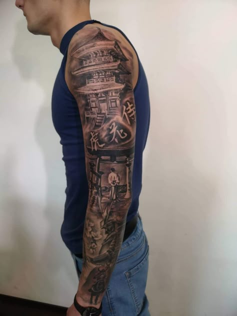 Temple Arm Tattoo, Japanese Temple Sleeve Tattoos, Samurai Temple Tattoo, Japanese Shoulder Tattoo Men, Japanese Style Tattoo Sleeve, Asian Sleeve Tattoo, Japanese Temple Tattoo Design, Japanese Arm Sleeve, Samurai Sleeve