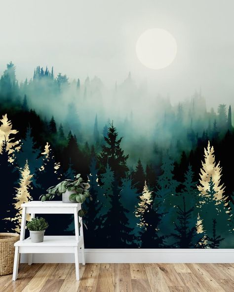 Forest Glow Wallpaper Mural Simple Bed Designs, Dark Green Wallpaper, Forest Mural, Minimalist Bed, Green Blanket, Bed Design Modern, Chinoiserie Wallpaper, Simple Bed, Wall Designs