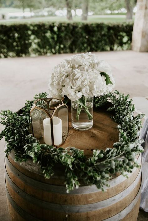 Wine Barrel Centerpieces, Champagne Tower On Wine Barrel, Wine Barrel Decor Wedding, Wedding Wine Barrel Decor, Wedding Whiskey Barrel Decor, Barrel Decor Ideas Wedding, Wedding Barrels With Flowers, Wedding Barrel Decor, Whiskey Barrel Wedding Decor