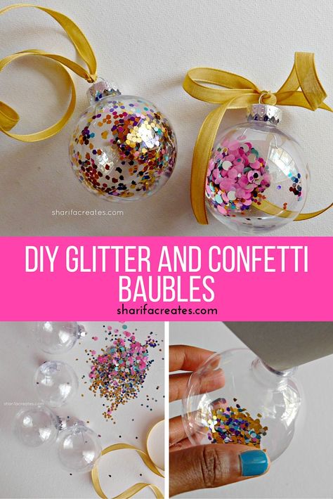 Diy Glitter Baubles, Fill Your Own Christmas Baubles, Filled Baubles Ideas, Confetti Ornaments Diy, Plastic Bauble Ideas, Fillable Baubles Ideas, Homemade Baubles, Filled Baubles, Diy Glitter Ornaments