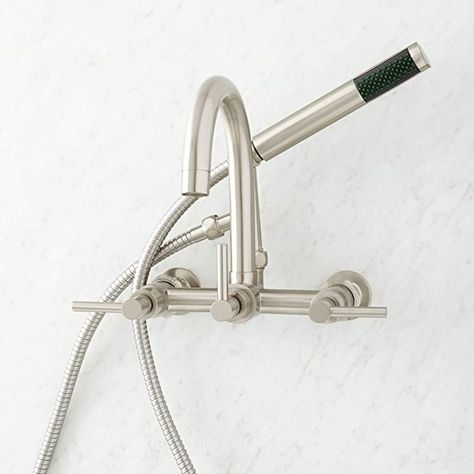 Signature Hardware 909038-2 Sebastian Wall Mounted Tub Filler Faucet with 2" Wall Couplers and Lever Handles - Includes 1.8 GPM Hand Shower, Valve Included - - Amazon.com Wall Mount Tub Faucet, Japanese Soaking Tubs, Acrylic Tub, Wall Mount Faucet, Tub Spout, Clawfoot Tub, Tub Filler, Signature Hardware, Tub Faucet