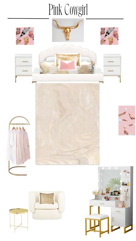 Boho Chic Bedroom Pink And Gold, Pink Western Bedroom Aesthetic, Western Pink Bedroom, Pink Cowgirl Room Aesthetic, Pink Western Room, Western Glam Decor, Pink Western Bedroom, French Cowgirl, Cowhide Living Room