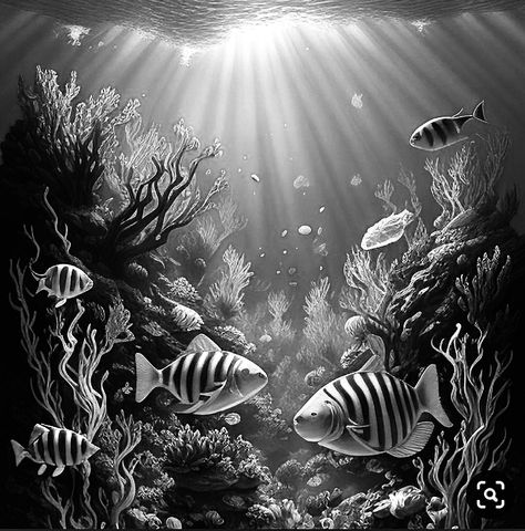 Black And White Ocean Tattoo, Underwater Tattoo Ocean Life, Sea Life Tattoos Black And White, Black And White Underwater Tattoo, Smaug Tattoo, Underwater Pen Drawing, Sea Tattoo Sleeve, Theme Tattoos, Ocean Theme Tattoos