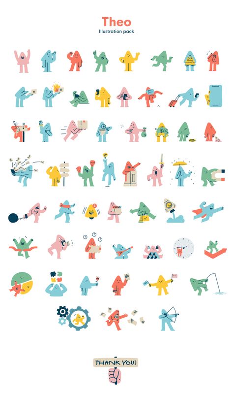 Cute Human Illustration, Emotions As Characters, Bright Illustration Art, Simple Shape Character Design, Cute 2d Character, Theo Illustration, Fun Character Poses, Behavior Illustration, Attention Illustration