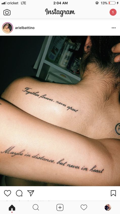 Men Tattoos For Wife, Bff Quote Tattoos, Best Friend Tattoo Sayings, Men’s Tattoo For Wife, Couples Quote Tattoos, Matching Bios For Couples Ideas, Matching Lyric Tattoos, Couple Quote Tattoos, Couple Tattoo Ideas Meaningful