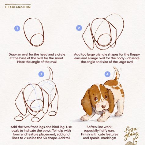 How to draw a cute Spaniel 🎨 This one is a little more tricky given the pose of the little pooch. If you’re struggling just take your time to workout your framework. Use grid lines to help you visualise the 3D shape. Make lots of sketchy strokes, your rough should look rough! Not neat like the shapes I show. Can’t stress enough, slow down and take your time to feel out the shapes if you need to. Have fun!!🤗❤️ . Brushes used: AquaReal 2 brushes and Lisa’s Pencil / Canvas: Let’s Draw. #howtodr... How To Draw A Beagle, Cute Dogs To Draw, Line Art Drawings Tutorials, How To Draw A Cute Dog, Animal Drawings Tutorial, Dog Poses Drawing, How To Draw A Dog, How To Draw Dogs, Dog Tutorial