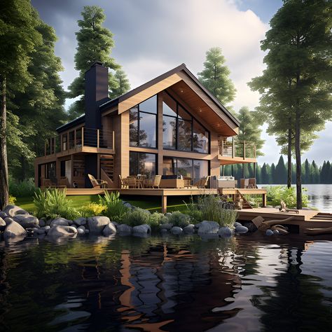 New York Lake House, Water Front Home, Small Lake Front House Plans, Lake Homes Exterior, Lakehouse Exteriors, Lake Side House, Red Bathroom Ideas, Small Lake House, Red Bathrooms