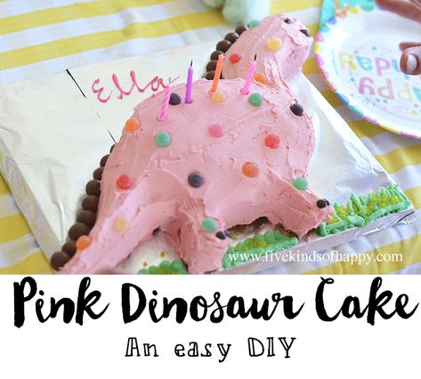 Easy Girl's Dinosaur Party (& pink dinosaur cake tutorial) | five kinds of happy Rainbow Dinosaur Cake, Dinosaur Cake Girly, Pink Dinosaur Cake, Hello Kitty Dinosaur, Dinosaur Cake Tutorial, Fairies Cake, Magician Cake, Dino Cakes, Gaming Cake