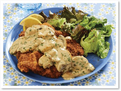 Pork Schnitzel with Mushroom Gravy Pan Fried Pork Chops, Boneless Pork Loin Chops, Mushroom Gravy Recipe, Pork Schnitzel, Boneless Pork Loin, Fried Pork Chops, Pork Loin Chops, Mushroom Gravy, Tossed Salad