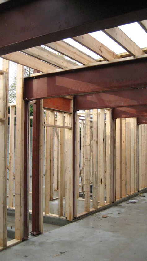 door+header-framing-steel+beams-and-steel+columns-floor+joists-on-top-of-steel+beam Steel Timber Connections, Wood Support Beam, Steel Connection, Green Roof Building, Door Header, Metal Building Designs, Steel Architecture, Steel Beam, Metal Columns