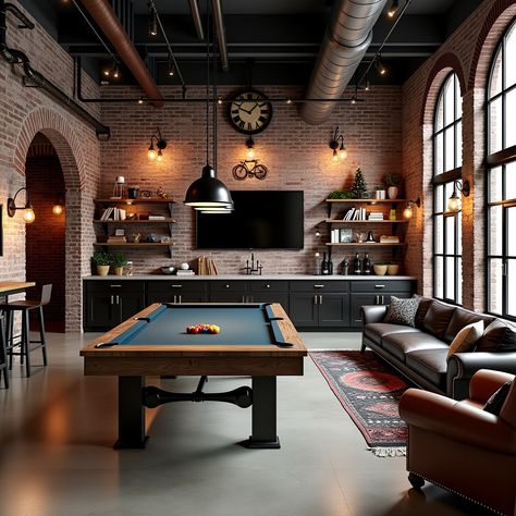 We’ve got major game room goals for you this week! 🎱✨ Which space matches your vibe? 1️⃣ Industrial Chic – Exposed brick, leather seating, and a bold pool table for those urban loft feels 2️⃣ Modern Elegance – Sleek bar, vibrant LED accents, and stunning mountain views for the ultimate luxe retreat 3️⃣ Cozy Minimalism – Bright, airy design with a touch of nature and a modern ping-pong table for versatile fun Drop your favorite in the comments and let us know why! 💬👇🏾 And don’t forget to sha... Loft Pool Table Room, Industrial Games Room, Basement Remodel Pool Table, Basement With Bar And Pool Table, Pool Table Room With Bar, Games Room Pool Table, Pool Table Garage, Modern Sports Bar Design, Living Room With Pool Table