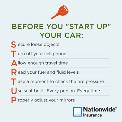 Before you "Start Up" your car: http://www.nationwide.com/teen-safe-driving-tips.jsp How To Start Driving A Car, Driving Hacks, Road Safety Tips, Driving Tips For Beginners, Learning To Drive Tips, Driving Test Tips, Learn Car Driving, Driving Basics, Safe Driving Tips