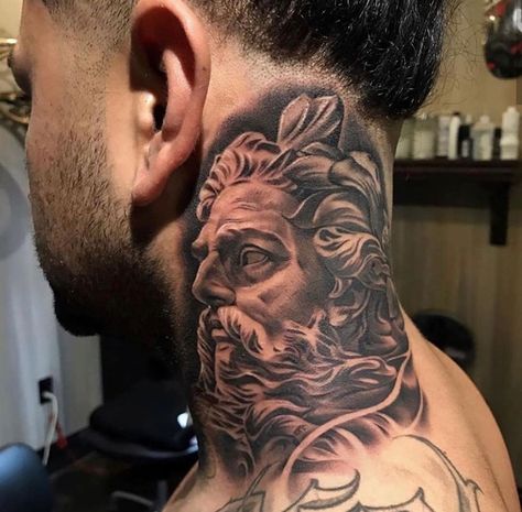 Zeus Neck Tattoo, Medusa Neck Tattoo, Tattoos On The Neck, Oni Tattoo, Best Neck Tattoos, Candle Tattoo, Realistic Tattoo Sleeve, Dragon Sleeve Tattoos, Light Tattoo