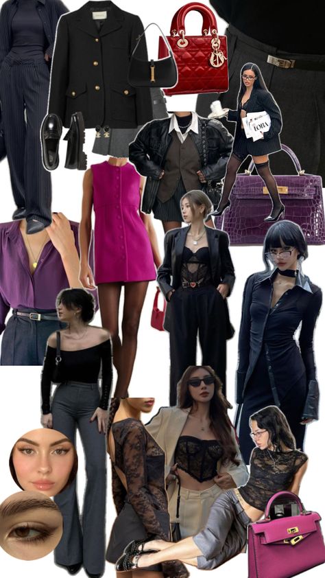 Rising in Capricorn fashion/style (office, work wear, grey, fitted, chic, expensive, new money) and Scorpio Rising (dark feminine, sexy, leather, black, red, deep purple, magenta, wine red, edgy) turns into office siren Scorpio Venus Aesthetic, Edgy Feminine Style, Capricorn Fashion, Scorpio Fashion, Venus Aesthetic, Venus In Capricorn, Capricorn Aesthetic, Scorpio Rising, Capricorn Rising