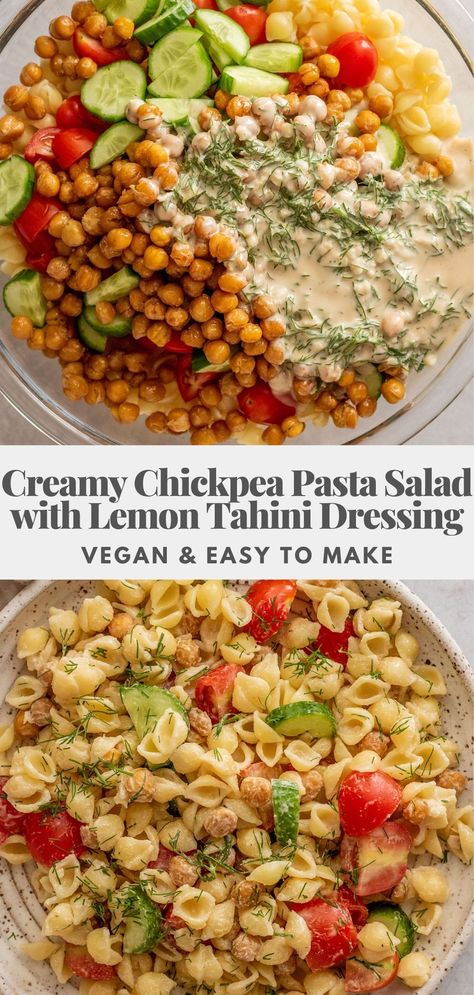 Lemon Tahini Salad, Vegan Meals On The Go, Healthy Chickpea Pasta Salad, Vegan Pasta Salad Dressing, Whole Foods Pasta Salad, Easy Pasta Salad Meal Prep, Quick Veggie Lunch, Cold Lunch Ideas Not Sandwiches, Vegan Summer Pasta Salad