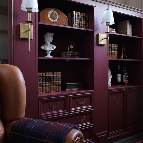 Maroon Bookshelf, Burgundy Library, Plum Room, Burgundy Office, Burgundy Room, Plum Walls, Maroon Walls, Brown Bookcase, Moody Interiors