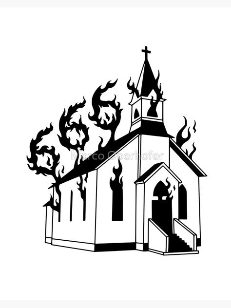 Church And Chains Tattoo, Burning Church Traditional Tattoo, Burning Cathedral Tattoo, Burning Church Drawing, Gothic Church Tattoo, Traditional Tattoo Black And Grey, Cathedral Tattoo, Practice Tattoos, Church Tattoo