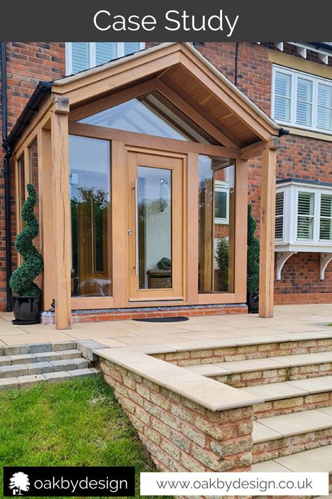 This fabulous glazed oak porch has extra shelter with its overhand at the front aspect  #oakbydesign #glazedoakporch #enclosedoakporch #oakporch #bespokedesign Timber Porch, Oak Porches, Contemporary Porch, Porch Oak, Oak Porch, Porch Entrance, Yew Tree, Oak Framed Buildings, Engineered Oak Flooring