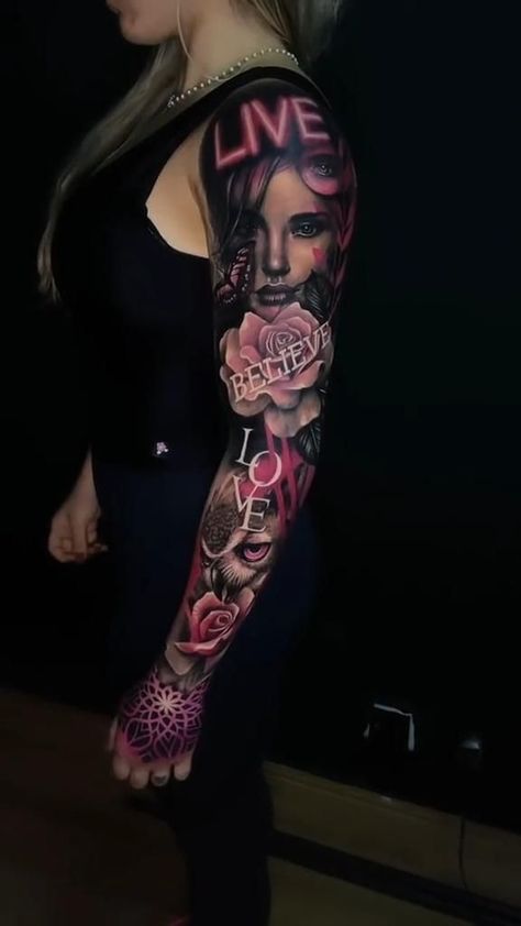 Women Sleeve Tattoo Ideas Inspiration, Color Sleeve Tattoo Women, Cute Baddie Tattoos, Arm Sleeve Ideas, Arm Cover Up Tattoos, Forearm Cover Up Tattoos, Ink Tattoo Design, Cover Up Tattoos For Women, Red Tattoo Ideas