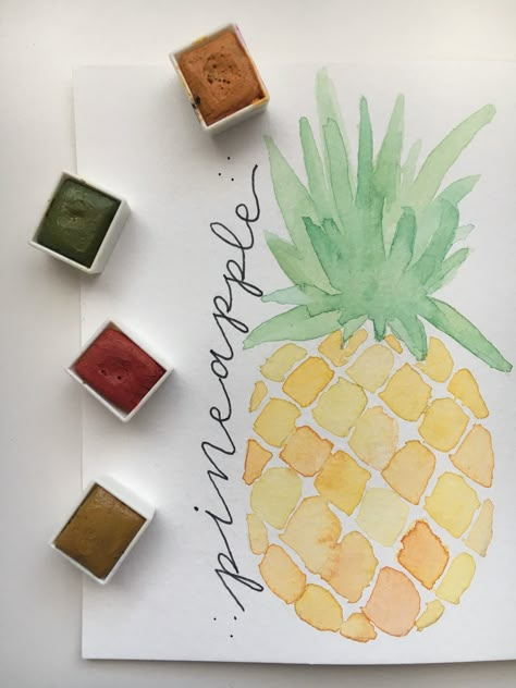 Pineapple Watercolor Paintings, Watercolor Pineapple Tutorial, Alcohol Marker Ideas, Drawing Ideas Watercolor, Watercolor Paint Ideas, Elephant Drawings, Art Projects Drawing, Pineapple Watercolor, Watercolour Food