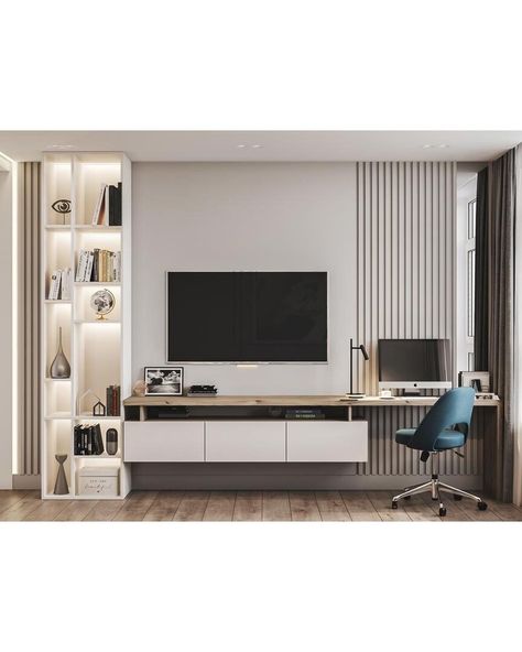 Tv Pc Living Room, Tv Console And Desk Combo, Study Desk With Tv Unit, Study With Tv Unit Bedroom, Tv Desk Living Room Modern, Fabric Panels On Wall Master Bedrooms, Tv Unit With Desk Design, Tv Stand With Desk, Desk Under Tv Living Room