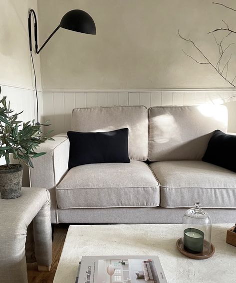 Cream sofa with black cushions in living room decorated with white half-height panelling and limewash upper walls Dusk Hampshire Sofa, Plush Sofa Dfs, Dusk Sofa, Boston Sofa, Dfs Sofa, Cosy Living Room, Plush Sofa, Best Investments, Decor Bedroom