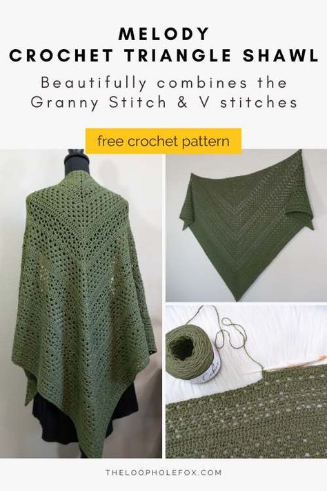 If you love the Granny Stitch combined with other stitches, you'll love the Melody Shawl. This granny stitch triangle shawl uses a combination of the Granny and V Stitches to create a "melody" of these beloved stitches. Playful yet classic, the Melody Shawl is a lovely addition to any wardrobe for those cool autumn nights. Granny Stitch Triangle, Granny Triangle Shawl, Triangle Shawl Crochet Pattern Free, Triangle Crochet Shawl, Granny Triangle, Crochet Triangle Shawl, Triangle Crochet, Crochet Triangle Shawl Pattern, Crochet Shawl Pattern