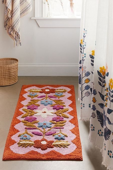 Fruity Bathroom, Red Bath Mat, Living Colors, Runner Bath Mat, Folk Floral, Floral Runner, Bathroom Rugs Bath Mats, Tambourine, Shower Accessories