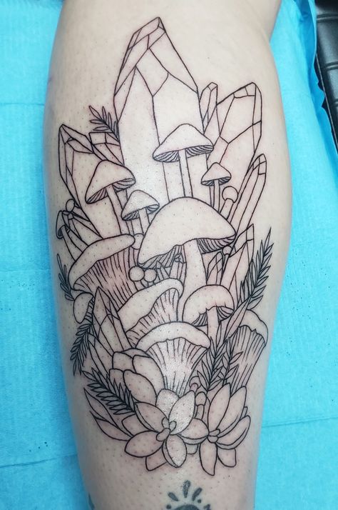 #succulents #mushrooms #mushroom #tattoo #legtattoos #crystals #crystaltattoo #outline Crystal Mushroom Tattoo, Mushroom With Crystals Tattoo, Mushroom With Crystals Drawing, Skull Mushroom Tattoo Design, Mushroom Crystal Moon Tattoo, Skull Mushrooms Tattoo, Crystal Outline, Crystal Tattoos, Fantasy Tattoo