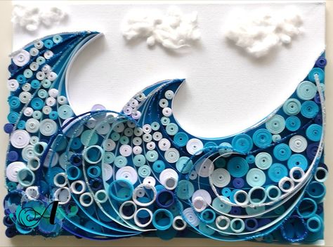 Do you want to see the tutorial video of this quilling paper artwork? Paper Quilling Waves, Quilling Ocean, Paper Curling, Paper Waves, Free Quilling Patterns, Tactile Art, Art Quilling, Student Christmas Gifts, Moon Journal