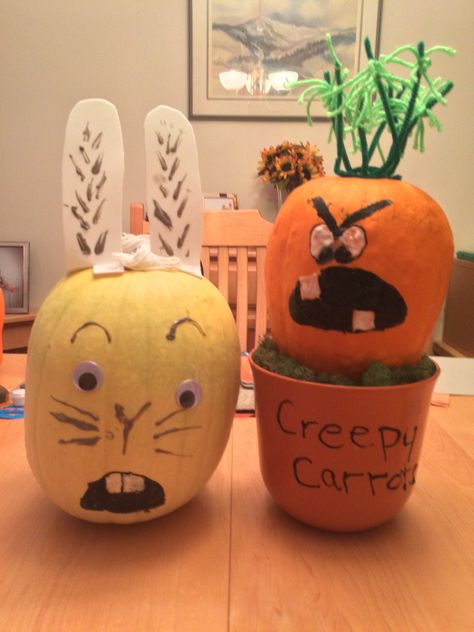 Creepy Carrots Pumpkins & Jaspar rabbit Creepy Carrots Pumpkin Decorating, Creepy Carrots Pumpkin, Bunny Pumpkin Carving, Storybook Character Pumpkins, Library Contests, Halloween Pumpkin Decorating Ideas, Pumkin Carving Ideas, Pumpkin Book Report, Pumpkin Book Characters