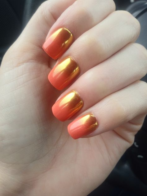 Coral Chrome Nails, Coral Ombre Nails, Nails With Chrome, Nail Party, Coral Ombre, Coral Nails, Party Nails, Chrome Nails, Gold Nails