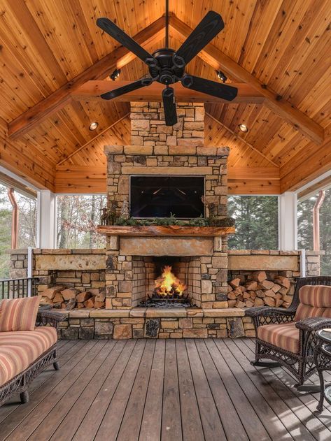 Outdoor Fireplace With Log Storage, Outdoor Fireplace On Wood Deck, Rustic Patio Decorating Ideas Country Living, Pavilion Fireplace Ideas, Barndominium Outdoor Kitchen, Covered Patio Fireplace Ideas, Outdoor Covered Patio Ideas Grill Area, Pavillion With Fireplace, Barndominium Fireplace Ideas