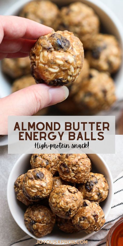 Energy Balls - easy and yummy almond butter high protein snack bites that is kid friendly and perfect for school lunches and snack. Made with almond butter, raisins, oats and more. Great as a quick breakfast as well. Can be made ahead. Almond Butter Protein Bites, Oat Almond Butter Balls, Oatmeal Balls No Peanut Butter, Protein Balls Without Peanut Butter Energy Bites, Healthy Almond Bars, Apple Butter Protein Balls, Nut Butter Balls, Protein Balls Healthy No Peanut Butter, Nut Butter Energy Balls