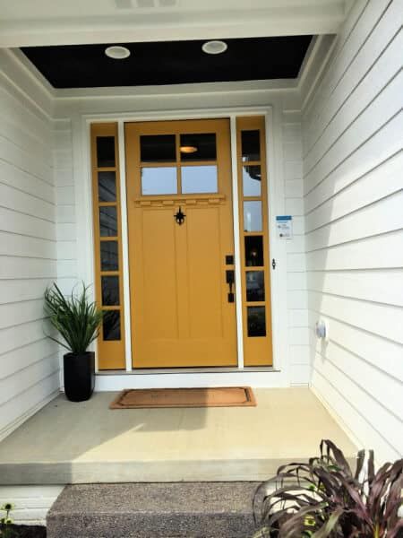 Yellow Garage Door, Orange Doors Exterior, Mustard Front Door, Mustard Yellow Front Door, Orange Front Door, Yellow Front Door, Orange Front Doors, Tan House, Yellow Front Doors