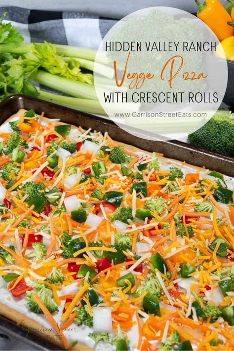 Hidden Valley Ranch Veggie Pizza with Crescent Rolls | ©GarrisonStreetEats | Hidden Valley Ranch | Veggie | Pizza | Crescent Rolls | Flatbread | Easy | Vegetarian | Pizza Ideas | Weeknight Meals | Appetizer | Summer | Ranch Dip | Seasoning | Easy Recipes | Diner | Pillsbury | Cold | Party Food | Backyard BBQ | Vegetables | Toppings | Super Bowl | Football Food | Cold Veggie Pizza Recipe Crescent Rolls | Vegetable Pizza Recipe Cold Pizza Appetizer | Finger Foods for Party | Easy Veggie Pizza Veggie Pizza Crescent Rolls, Veggie Pizza Crescent, Pizza With Crescent Rolls, Ranch Dip Seasoning, Recipe Crescent Rolls, Cold Party Food, Recipes Diner, Appetizer Summer, Finger Foods For Party