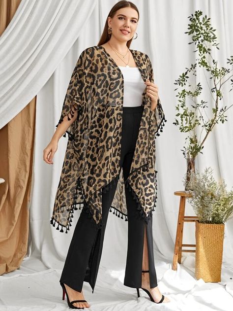 SHEIN Plus Leopard Print Fringe Hem Kimono | SHEIN USA Easy Clothing, Plus Size Kimono, Plus Size Work, Hijabi Girl, Abaya Fashion, Look Plus, Fashion Sewing, Kimonos, Amazing Products