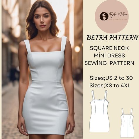 Square Neck Narrow Cut Mini Dress Sewing Pattern,Evening Dress Sewing Pattern ,Classic Strappy Dress Sewing Pattern, available as an instant download (pdf) sewing pattern bundle with a range of size options , including plus sizes ⭐US Sizes: 2, 4, 6, 8, 10, 12, 14, 16, 18, 20, 22, 24, 26, 28, 30 ⭐Standard Sizes: XS, S, M, L, XL, 2XL, 3XL, 4XL ⭐These patterns are suitable for A4, A0, and US Letter size papers. ⭐Once your payment is processed, you will automatically receive download links for the pattern files. Please note that you can only download the files from a computer; they will not work on a phone or iPad. ⭐This is a digital product. You will receive zip files containing the patterns and sewing instructions. ⭐Due to the nature of digital downloads, no refund, return, or exchange of th Sew Simple Dress, Mini Dress Sewing Pattern, Mini Dress Sewing, Bodycon Dress Pattern, Evening Dress Sewing Patterns, Gown Sewing Pattern, Dress Patterns Diy, Fabric Sewing Patterns, Sewing Instructions