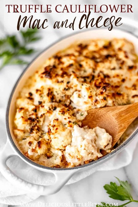 Truffle Cauliflower "Mac" and Cheese is rich and creamy with an amazing umami flavor thanks to added truffle zest. This quick and easy-to-make dish is low carb and gluten free. It can be served as the main dish or as a side. Truffle Cauliflower, Truffle Mac And Cheese, Cauliflower Sauce, Cauliflower Mac And Cheese, Pasta Side Dishes, Veggie Tales, Vegetarian Main Dishes, Best Vegetarian Recipes, Veggie Tray