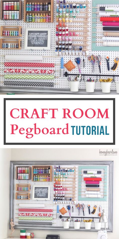 Peg Board Walls Craftroom, Craft Room With Pegboard, Craft Storage In Garage, Craft Room Desk Layout, Pegboard Organization Sewing Room, Pegboard Organization Art Studio, Pegboard Art Storage, Junk Storage Ideas, Peg Board Ideas Craft Room